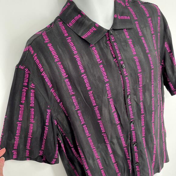 Homme + Femme NEW Striped Logo Camp Shirt Mens Sz M Black Purple Short Sleeve - Picture 2 of 8